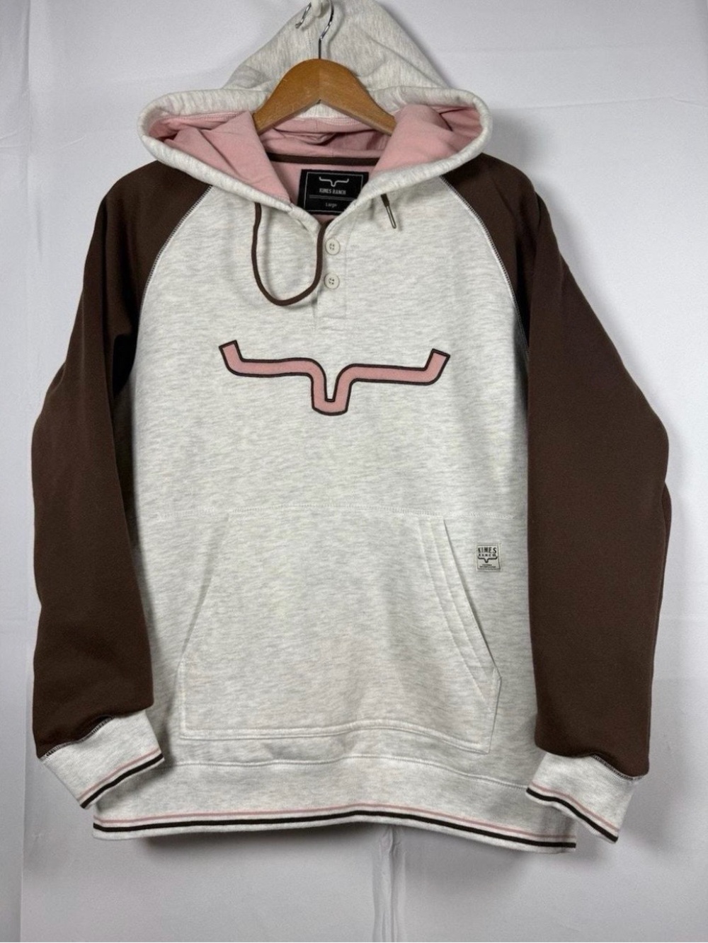 Women’s Hooded Pullover Sweatshirt - Cream with Brown Sleeves and Pink Accents